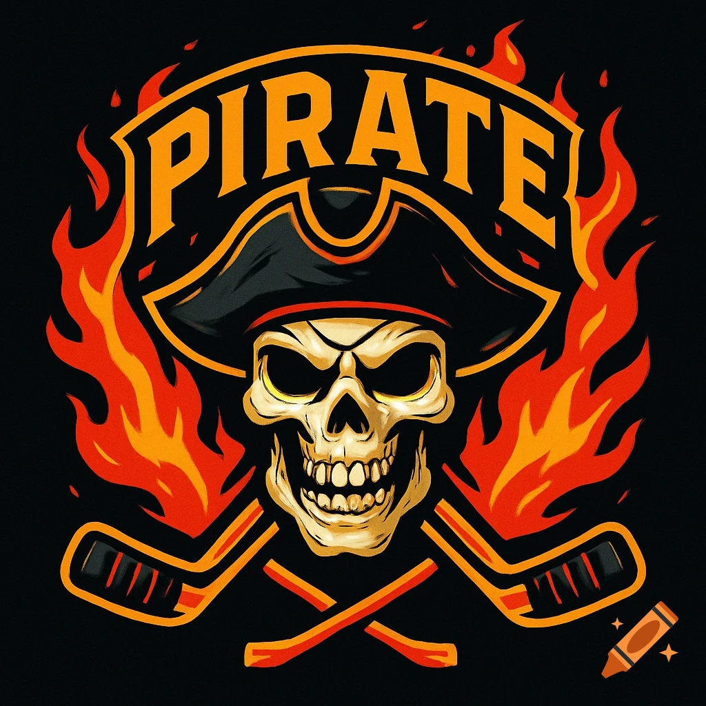 A fiery hockey team logo featuring a pirate skull with crossed hockey sticks and the word PIRATE.