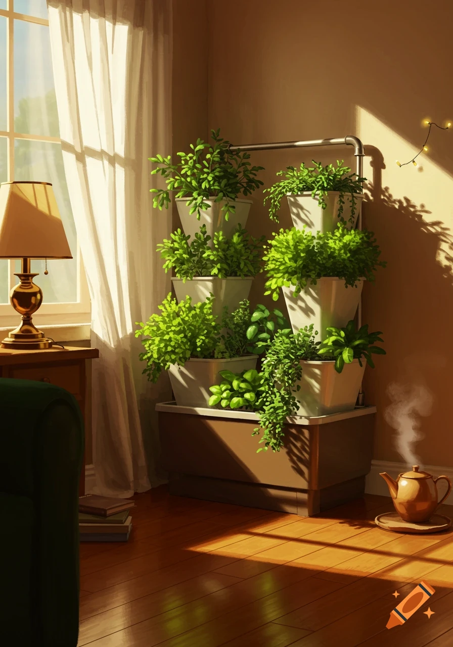 Cozy indoor scene with a vertical hydroponics plant stand, a sunlit window, a table lamp, and a teapot on a wooden floor.