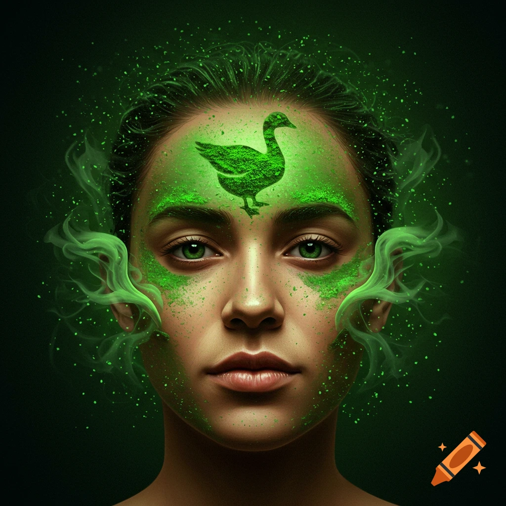 Close-up of a woman with green eyes, green powder on her face, and a green goose silhouette on her forehead, surrounded by green particles.
