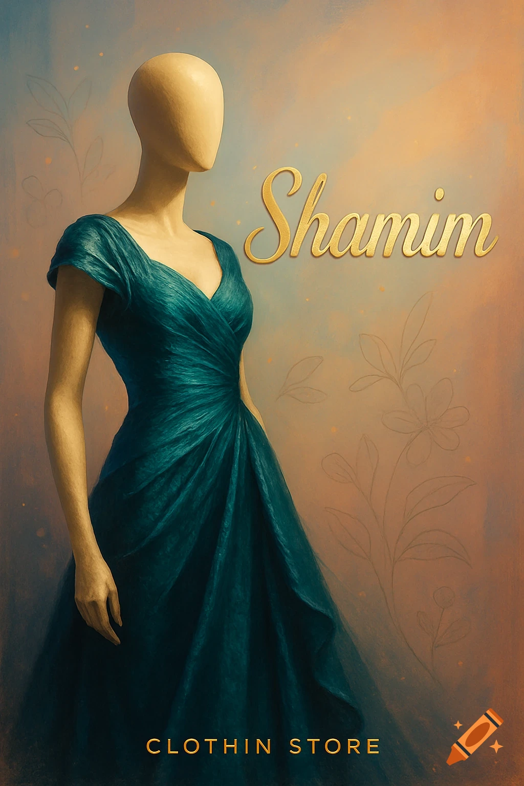 A poster with a headless mannequin wearing a teal pleated dress, against a warm, painterly background with floral outlines. Gold text reads "Shamim" and "CLOTHIN STORE".
