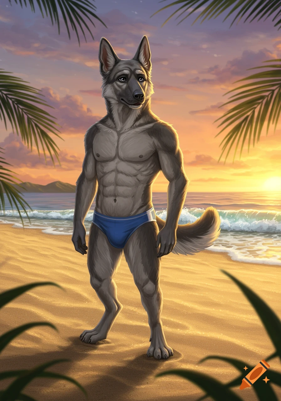 Anthropomorphic German Shepherd in a blue speedo on a beach at sunset, digital art.