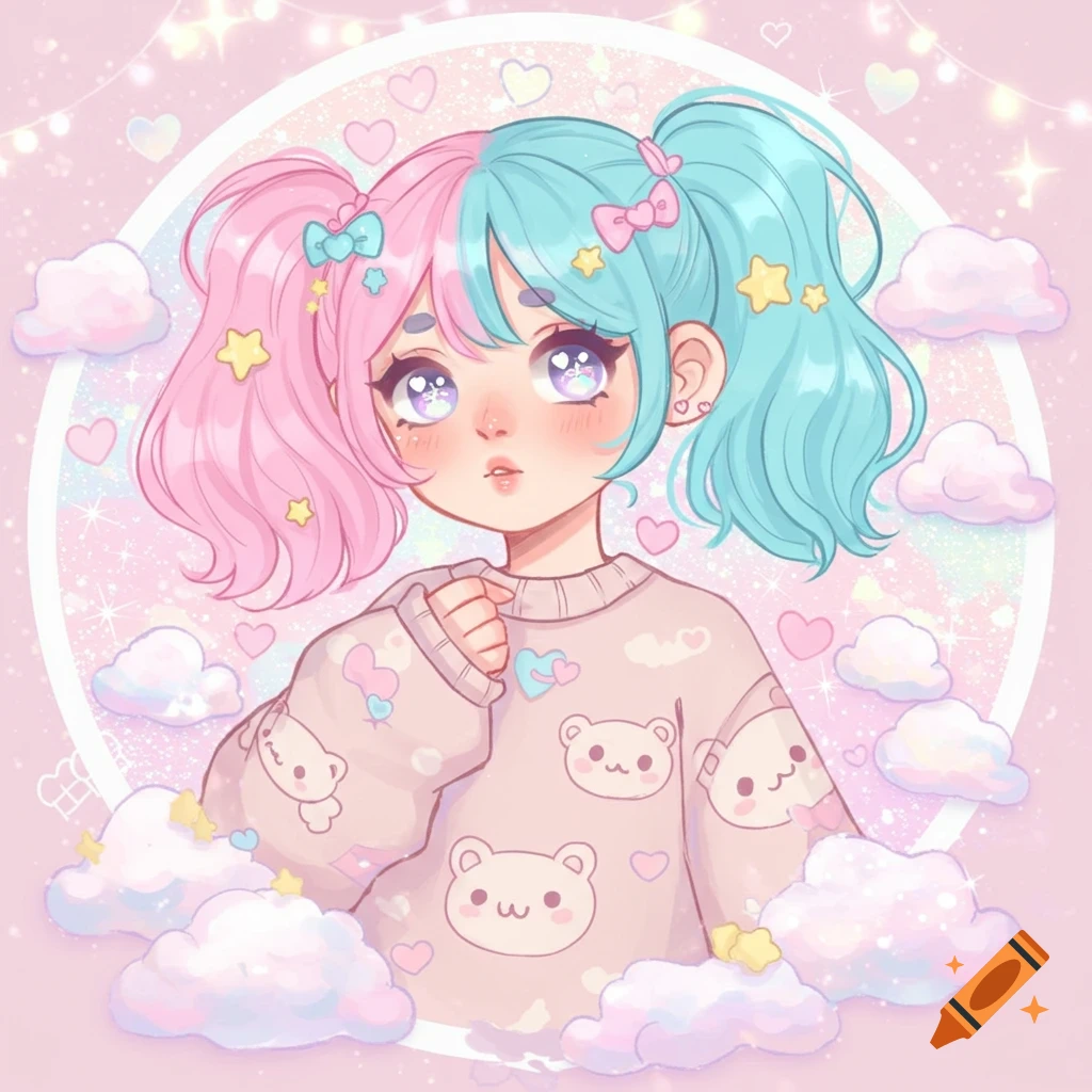Anime girl with pink and blue pigtails in a bear sweater, surrounded by dreamy clouds and stars in a sparkly pink setting.