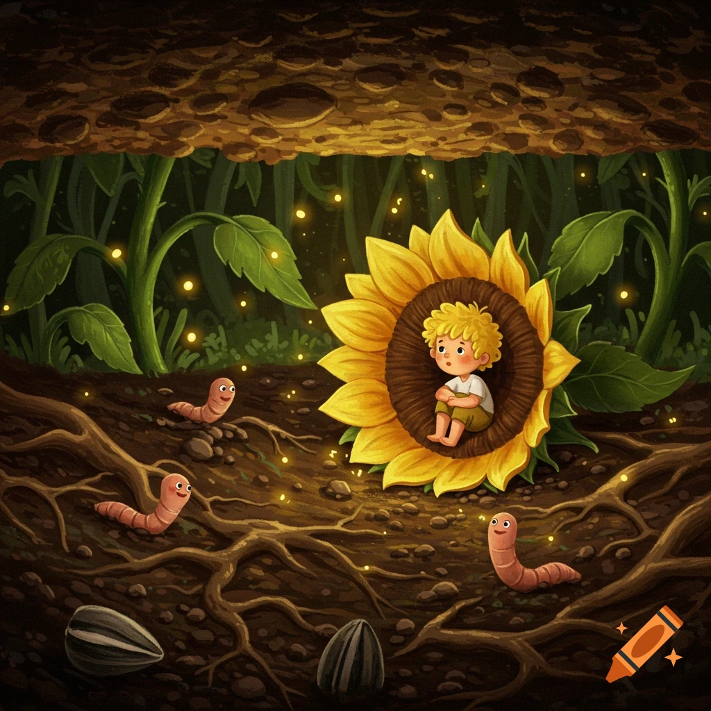 A cartoon illustration of a small, curly-haired boy sitting inside a large sunflower underground, surrounded by glowing roots, worms, and sunflower seeds.