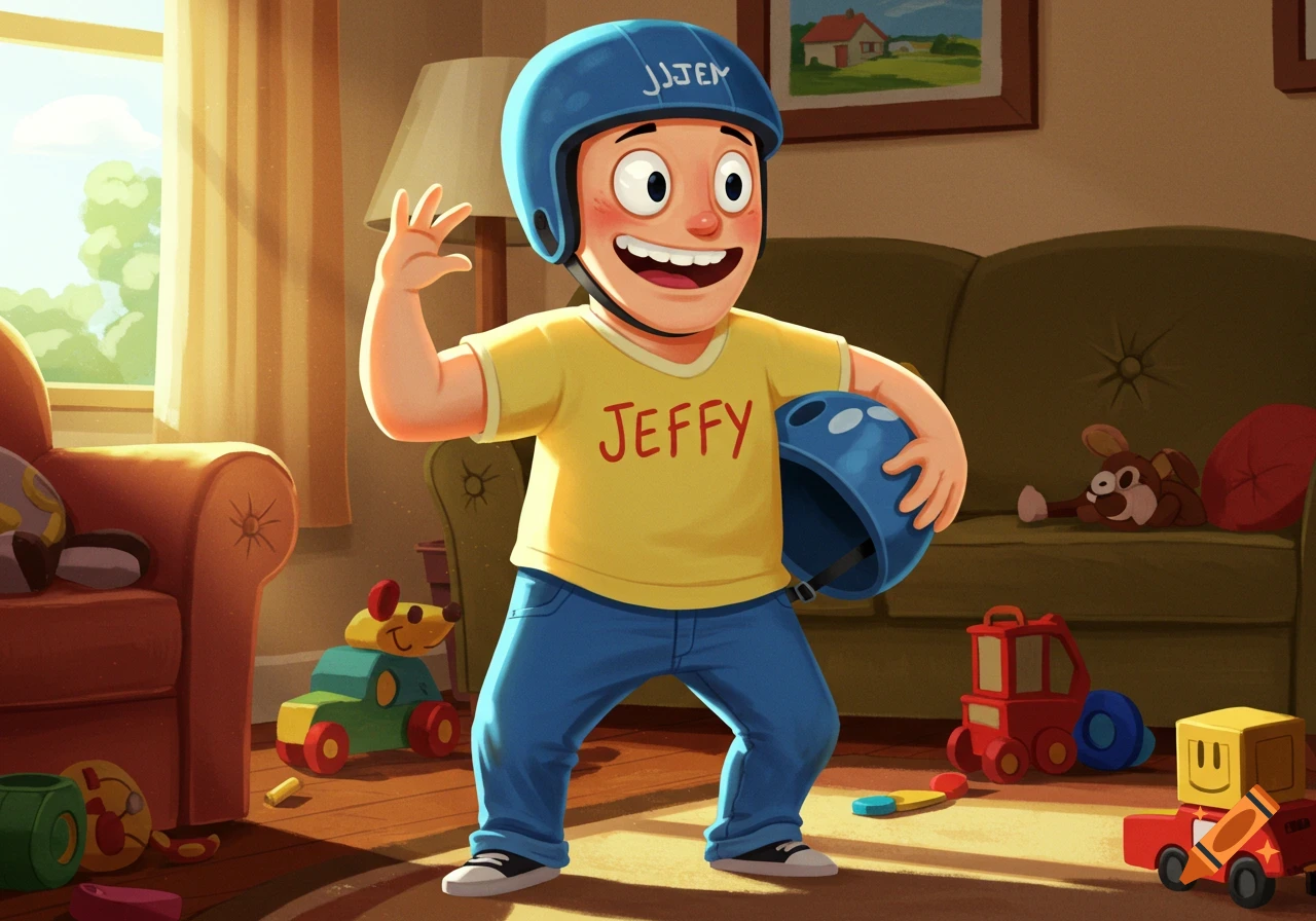 A cartoon boy in a yellow shirt with 'JEFFY' written on it and blue pants stands in a sunlit living room, holding a blue helmet, with toys scattered around.