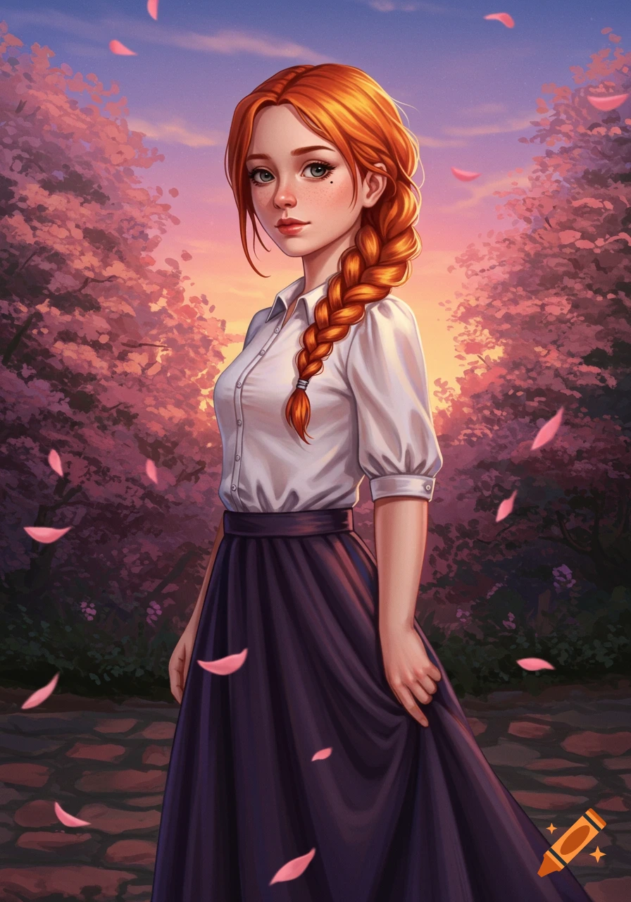 A young, fair-skinned woman with long, braided orange hair wears a white button-up shirt and a dark long skirt, standing in a park with pink blossoms.