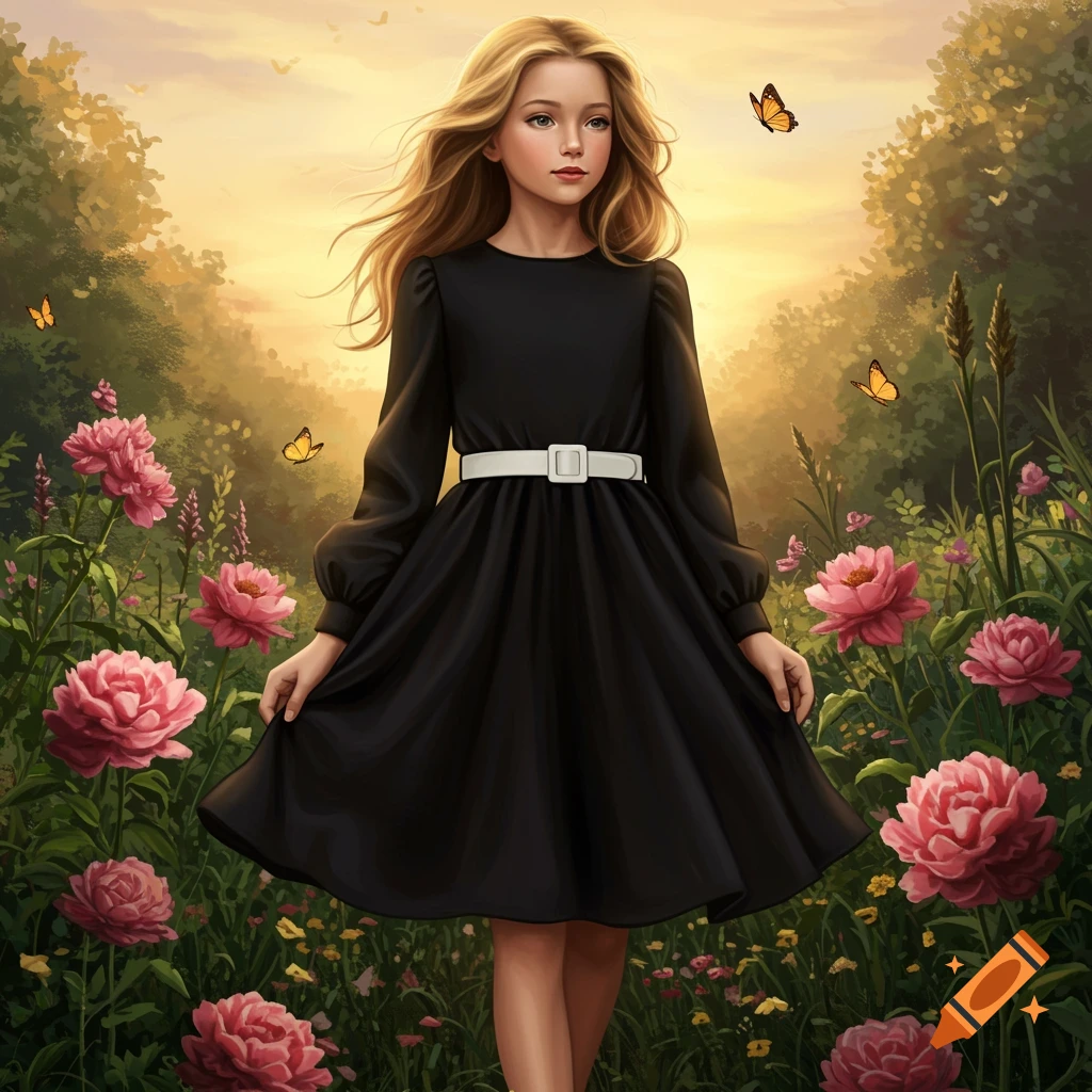 A young girl with blonde hair in a black dress with a white belt stands in a sunny field filled with pink flowers and butterflies.