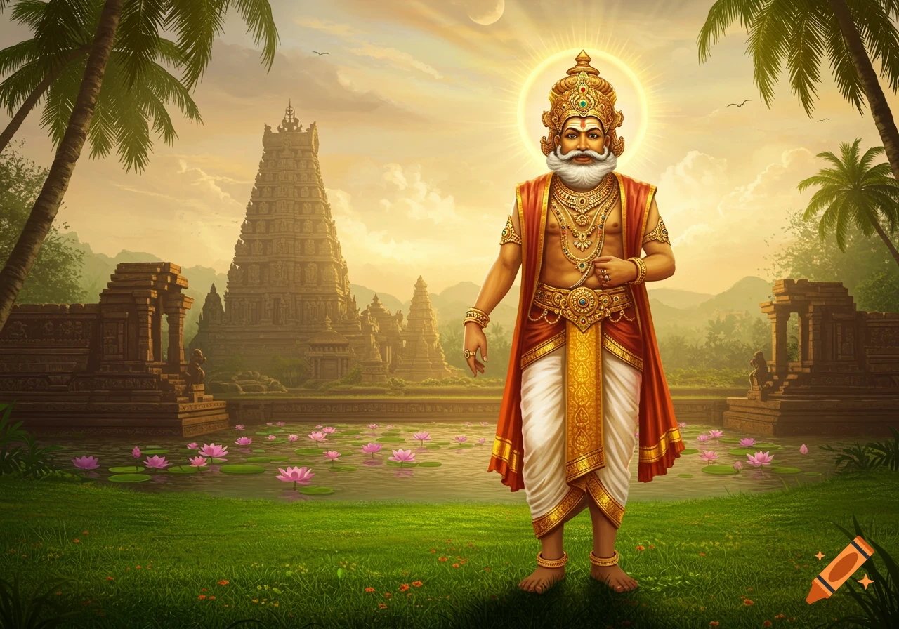An illustrative image of a king or deity with a white beard, crown, and gold jewelry, in a lush landscape with temples and lotus flowers under a golden sky.