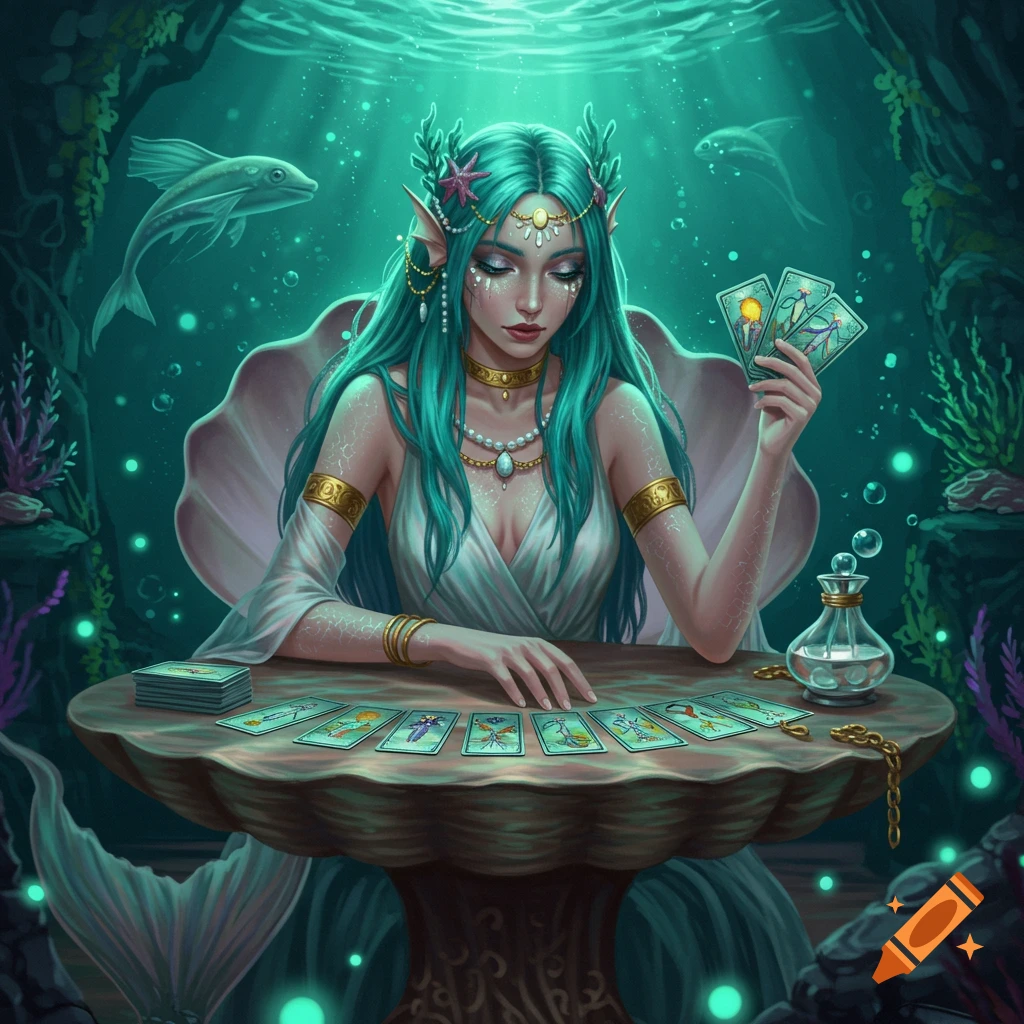 A teal-haired mermaid with pointy ears reads tarot cards at a shell table underwater, surrounded by coral and fish.