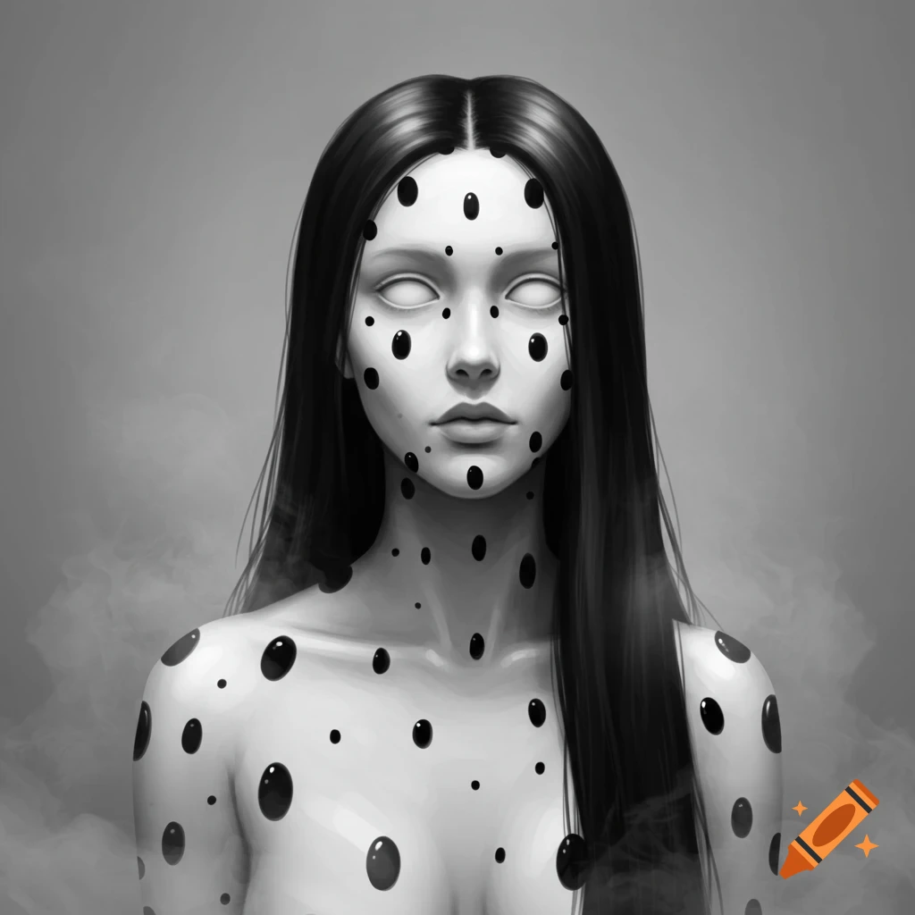 A black and white portrait of a woman with white skin, black polka dots covering her face and body, and blank white eyes, against a smoky gray background.