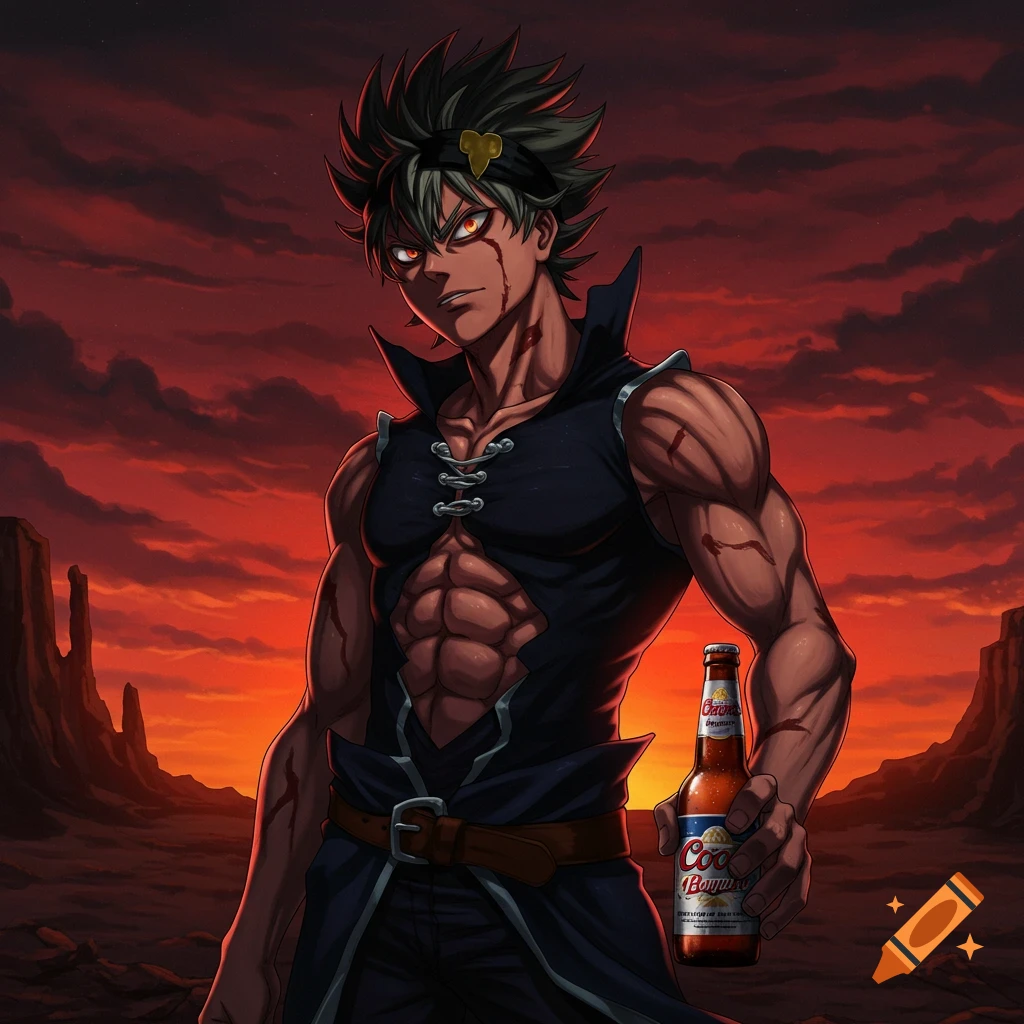 An anime character, Asta from Black Clover, with dark spiky hair, red eyes, and scars, holds a Coors Banquet beer bottle in a barren, rocky landscape under a dramatic red and orange sunset sky.