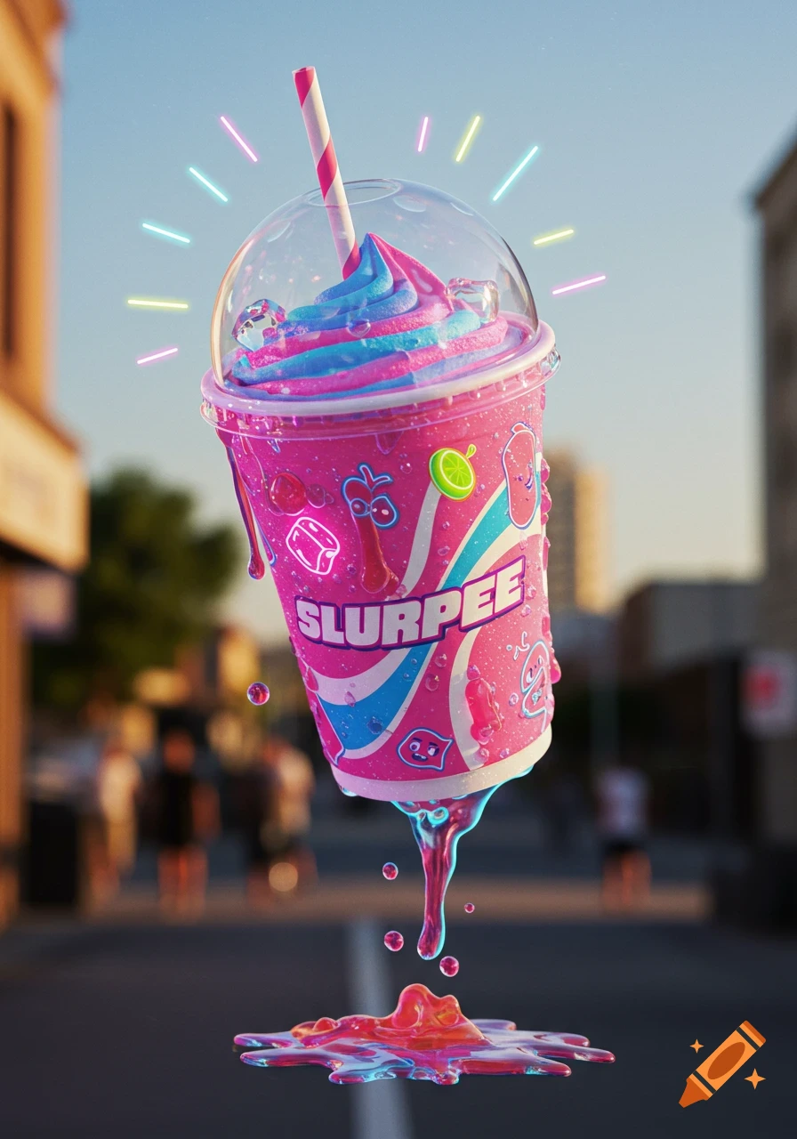 A vibrant pink and blue Slurpee cup with a striped straw floats above a street, dripping colorful liquid onto the ground, with neon light rays around it.