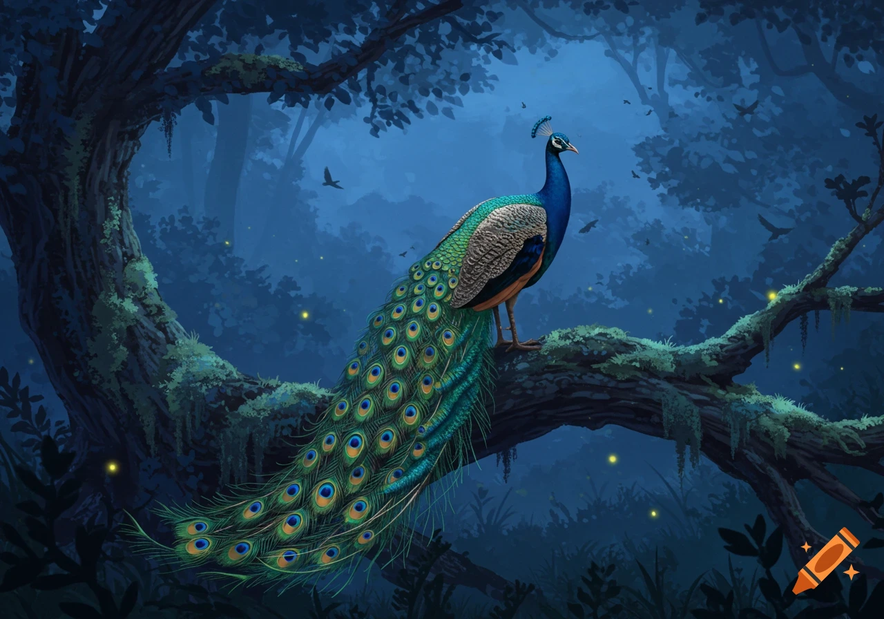 A majestic peacock perches on a mossy branch in a dark, misty forest with glowing fireflies.