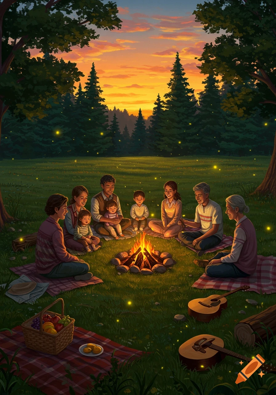 An illustrated scene of a family gathered around a campfire in a grassy field at sunset, with fireflies glowing.