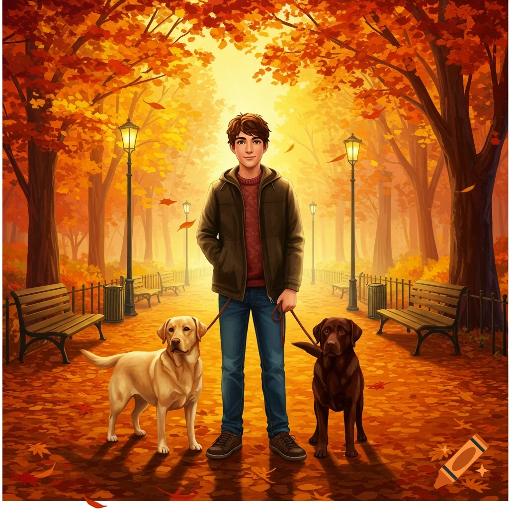 A young man with a yellow and a chocolate Labrador walks in a vibrant autumn park with colorful fall foliage, illustrated style.