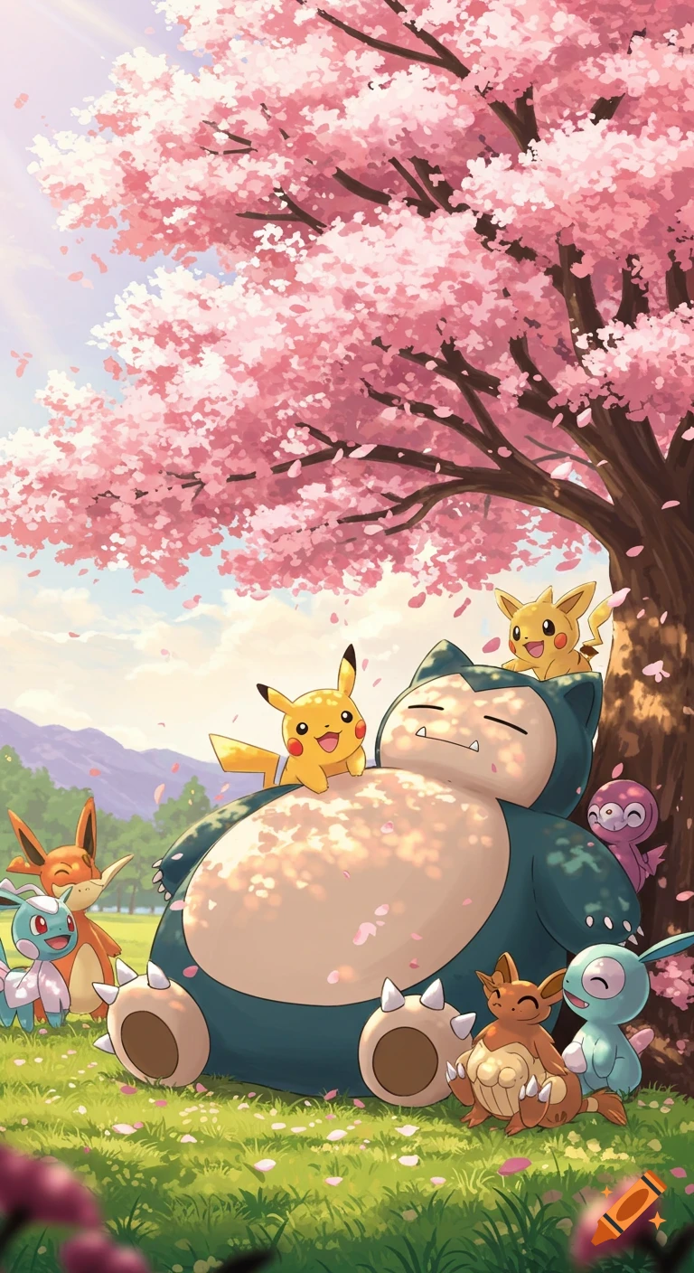 An anime illustration of Snorlax sleeping under a cherry blossom tree with Pikachu and other Pok m and characters in a grassy field.