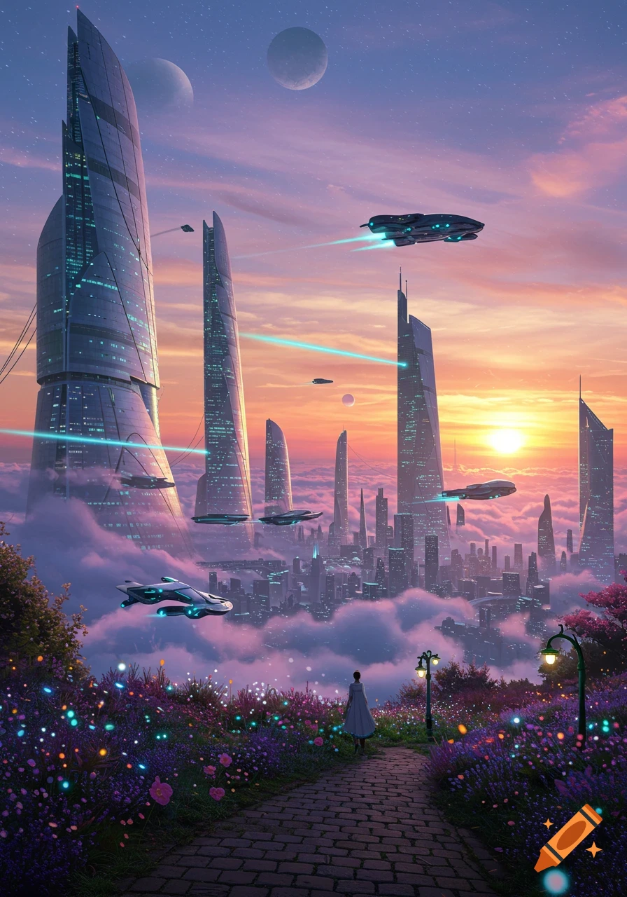 A person walks on a path through a glowing flower field toward a futuristic city with towering sci-fi buildings and flying ships at sunset.
