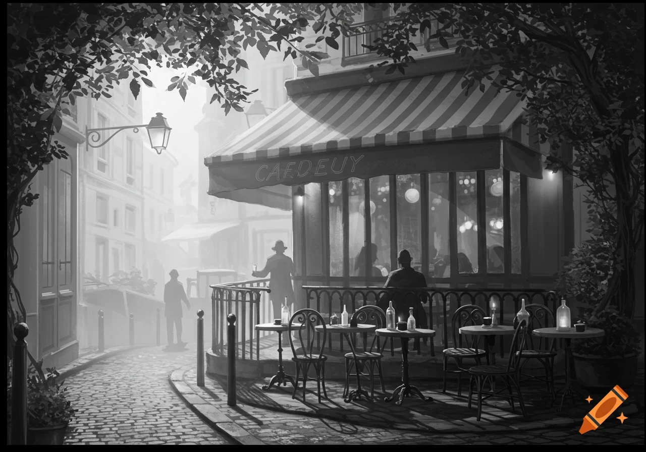 Monochrome illustration of a foggy European street scene with an outdoor cafe and people, lit by a street lamp.