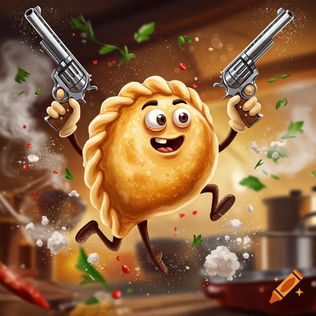A smiling, cartoon pierogi with arms and legs runs, holding a silver revolver in each hand. Spices and steam float around it in a kitchen setting.