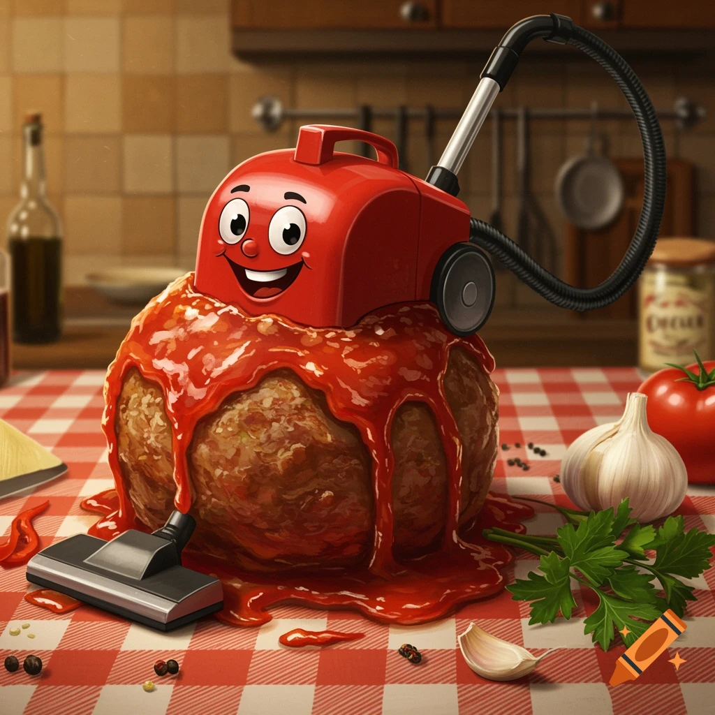 A cheerful red cartoon vacuum cleaner with a smiling face sits atop a giant meatball covered in red sauce on a checkered tablecloth in a kitchen.