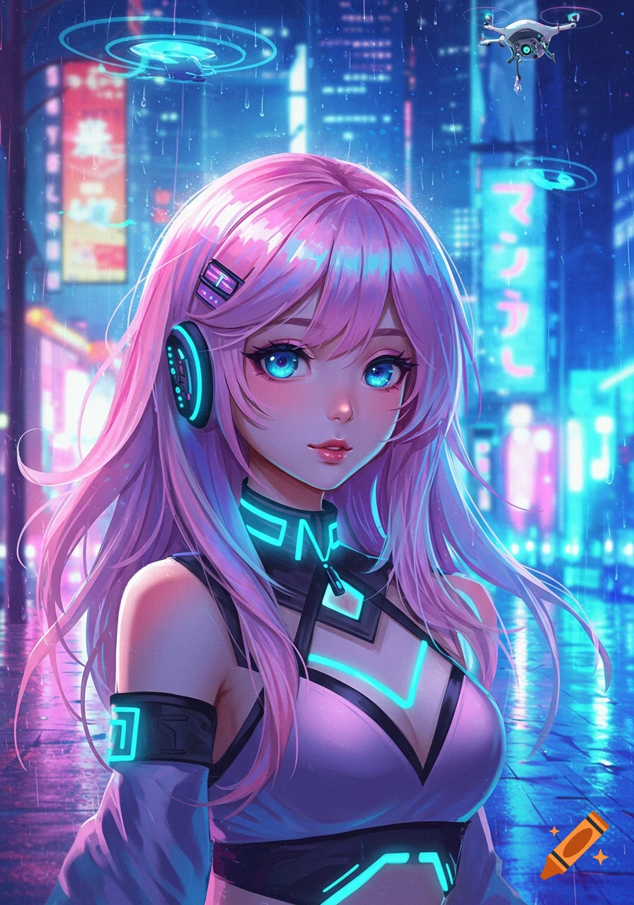 An anime girl with pink hair and blue eyes, wearing futuristic headphones, stands in a rainy cyberpunk city with neon signs and a drone.