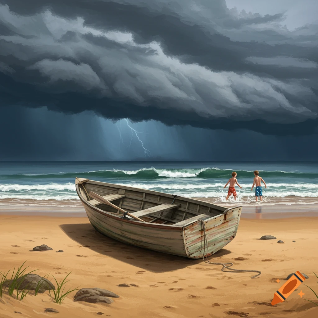 A row boat rests on a sandy beach while two boys play in the surf under a dramatic stormy sky with lightning.