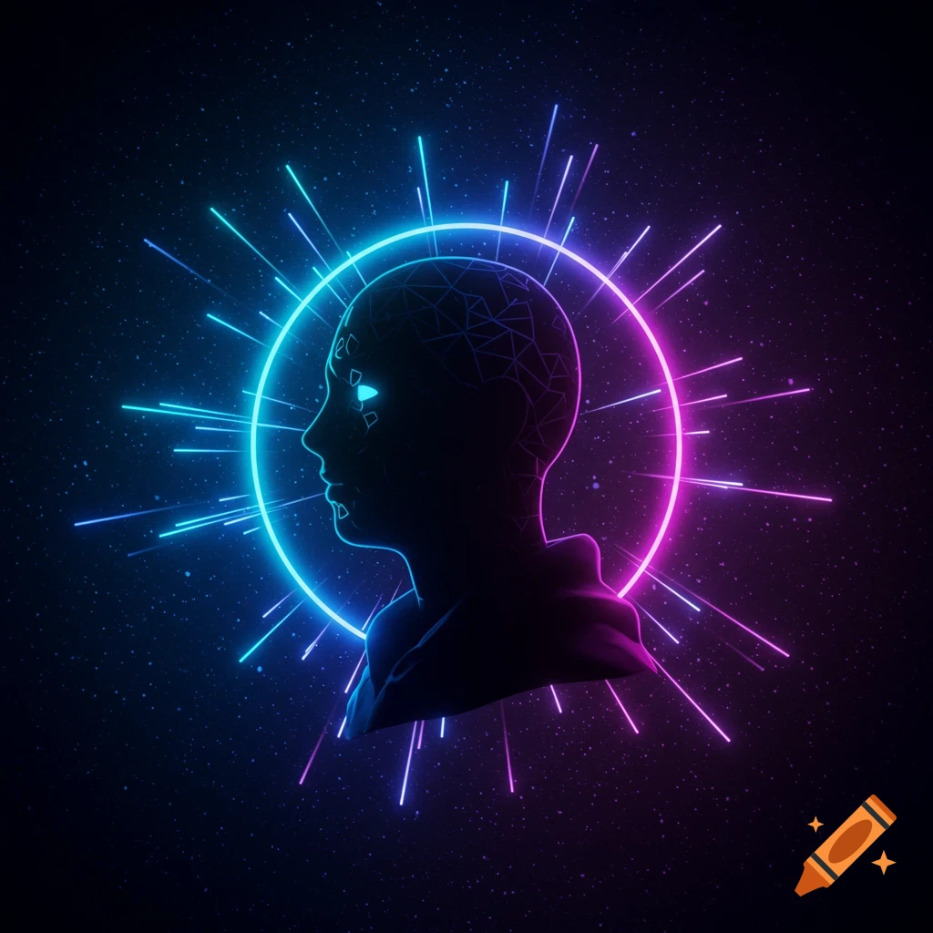 A neon-lit silhouette of a head with geometric patterns and glowing blue eyes, framed by a blue and pink halo against a starry dark background.