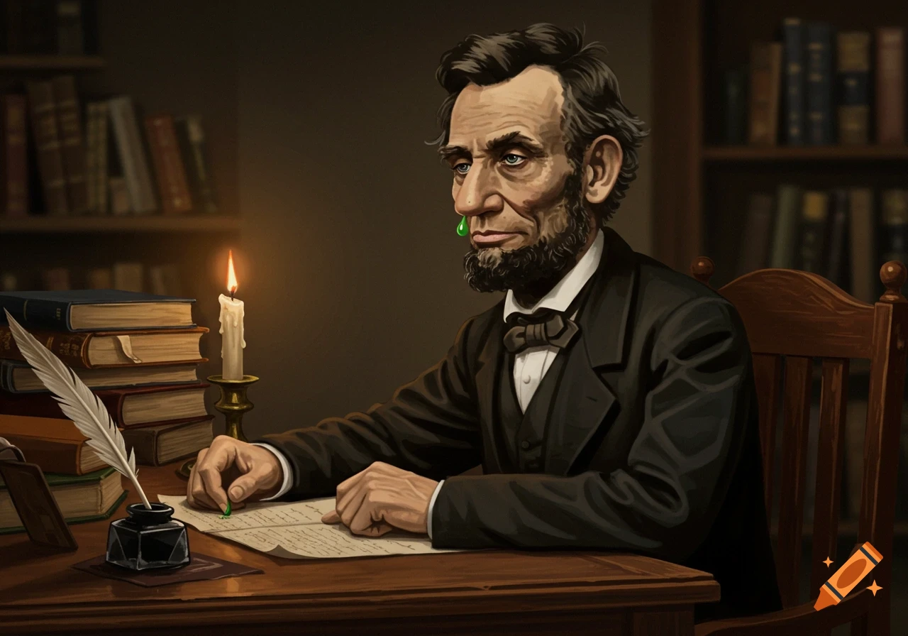 An illustration of Abraham Lincoln writing at a desk by candlelight, with a green booger on his nose.