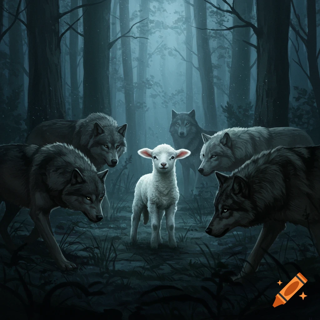 A white lamb surrounded by menacing gray wolves in a dark, misty forest.