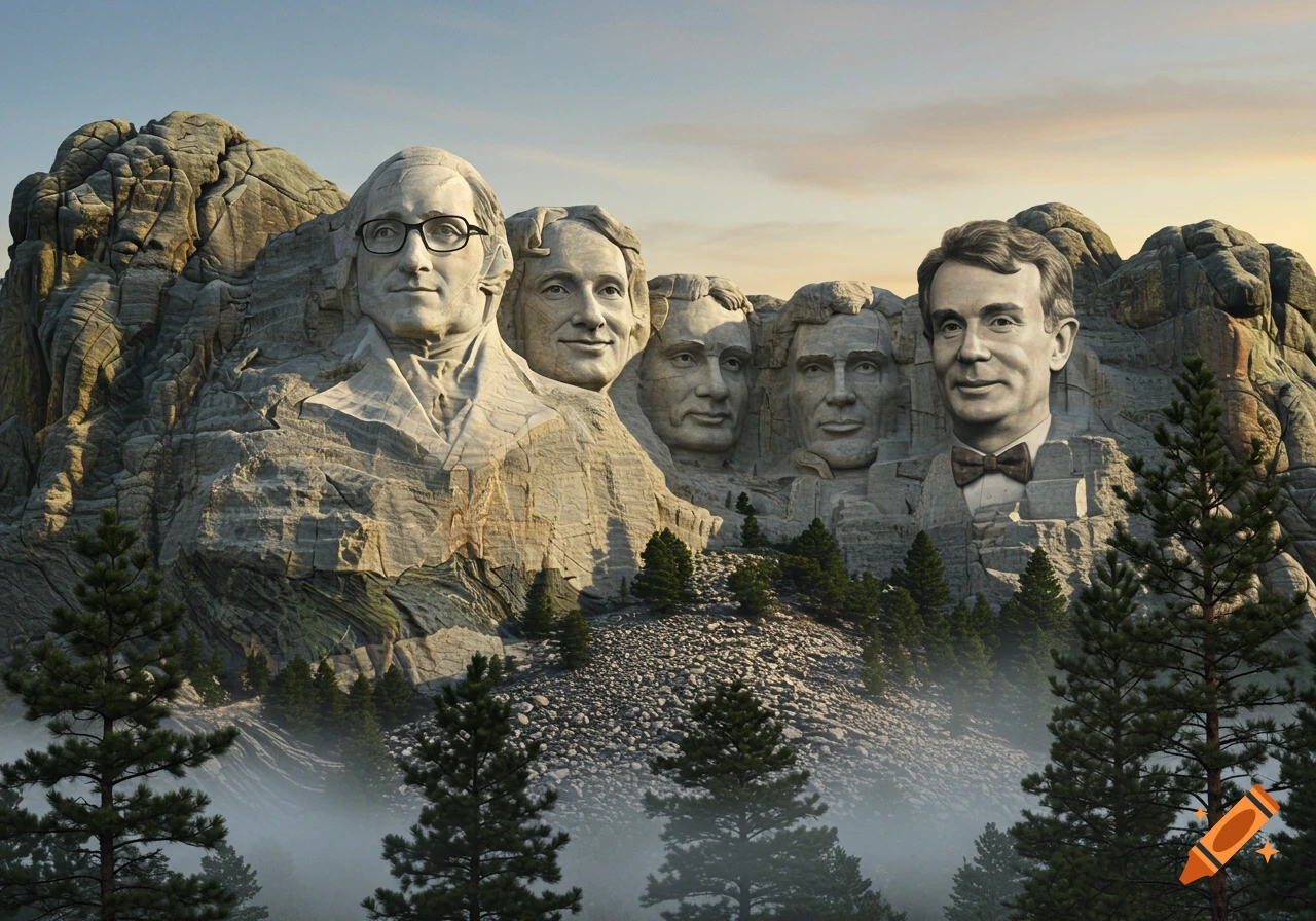 Photorealistic Mount Rushmore with faces of Bill Gates, Steve Wozniak, Bill Nye, and other tech figures carved into the mountain.