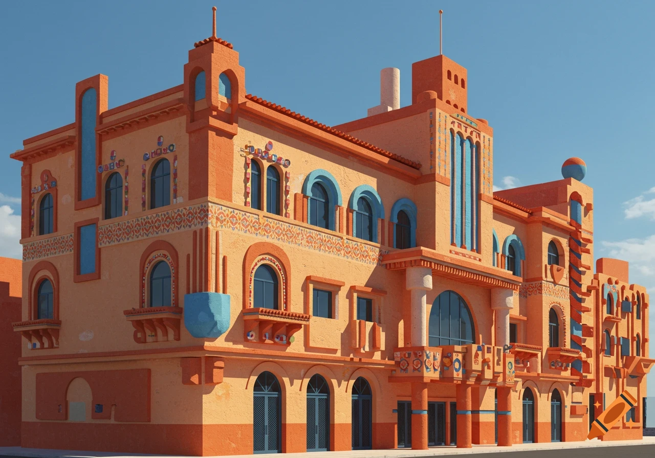 A vibrant, colorful postmodern building with orange walls, blue accents, and intricate patterns under a clear blue sky.