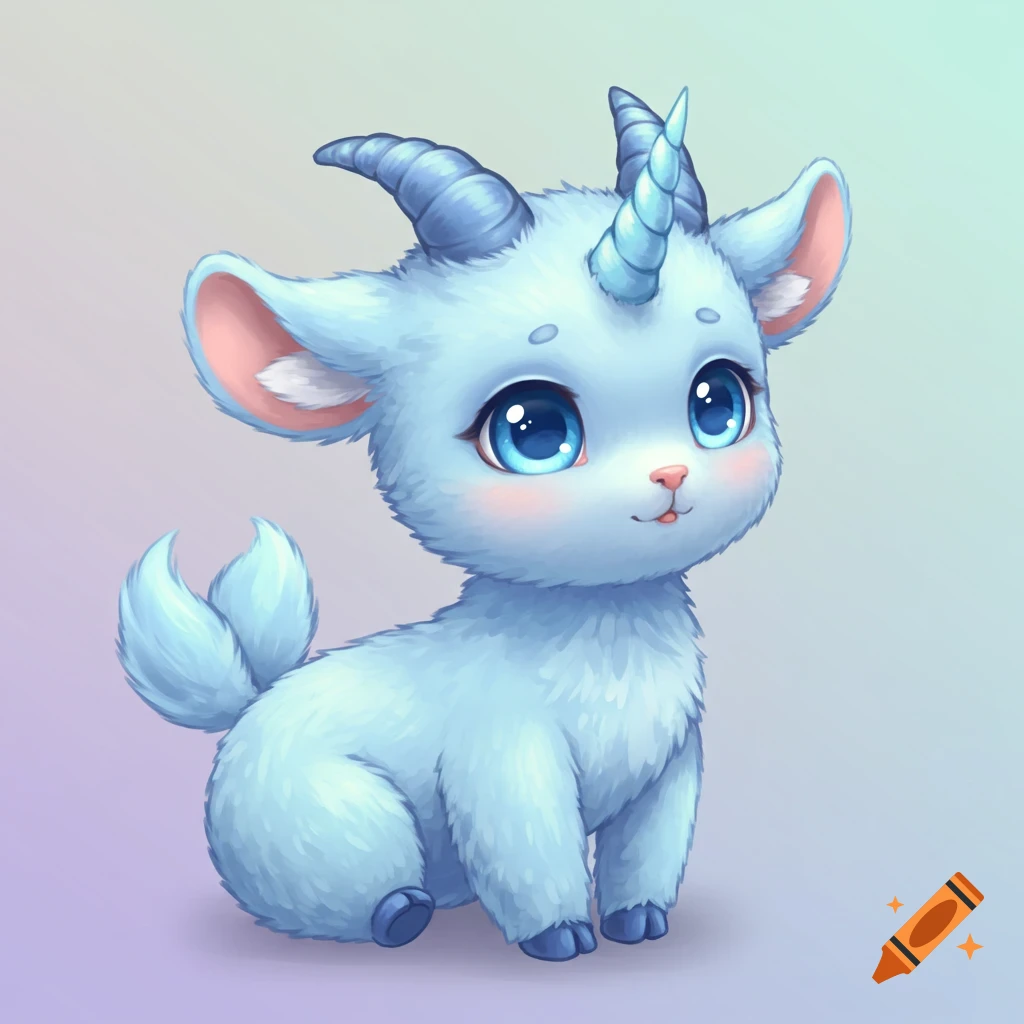 A cute, fluffy light blue baby goat-unicorn creature with large blue eyes and horns.