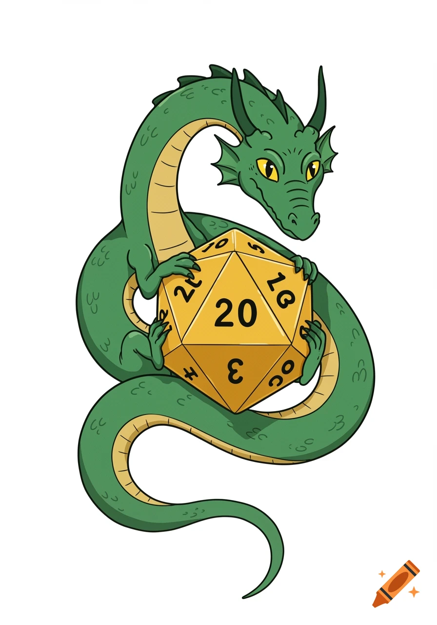 A green cartoon dragon with yellow eyes curled around a large golden 20-sided die showing the number 20.