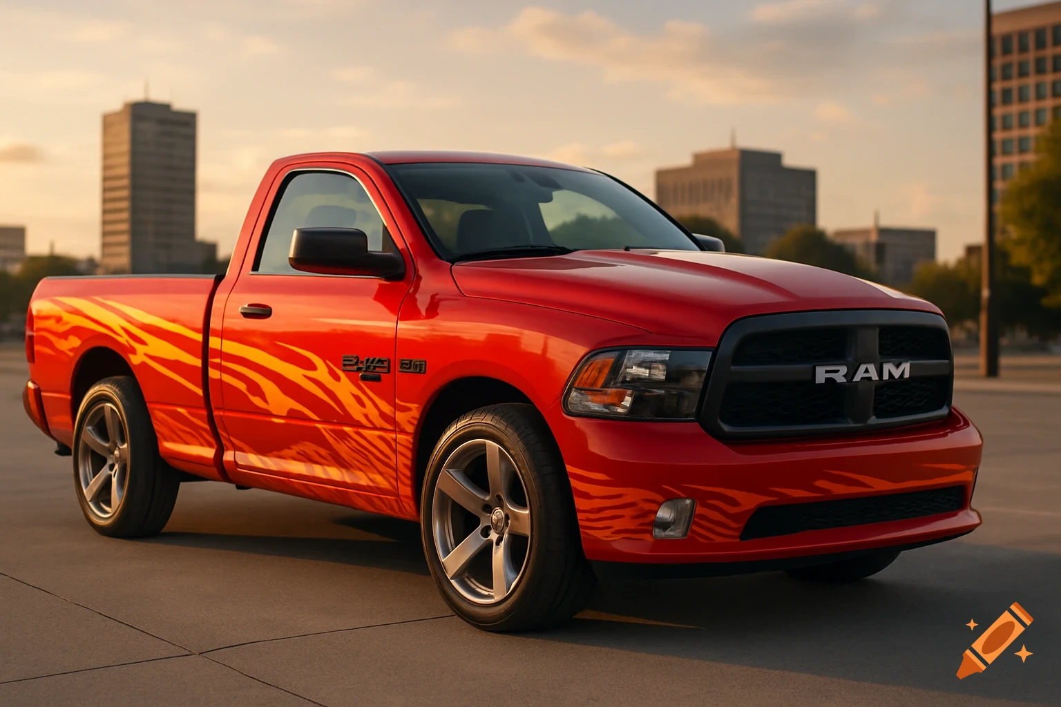A red Dodge Ram pickup truck with orange flame decals on its side, parked outdoors under a bright sky.