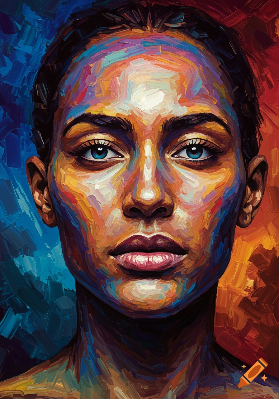 Close-up oil painting of an abstract person's face made of vivid, colorful brushstrokes, with bright blue eyes, against a split blue and red background.
