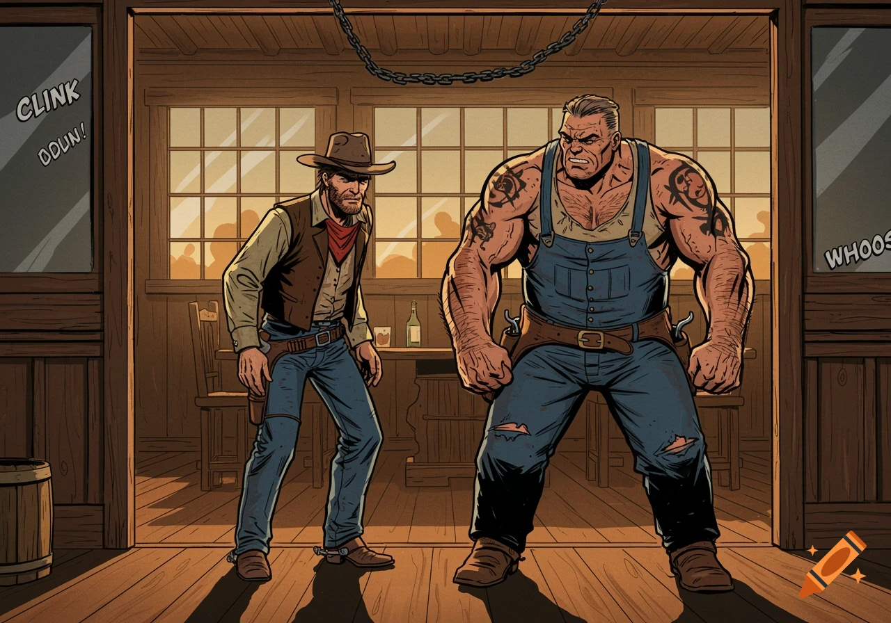 A cowboy and a muscular man face off in a saloon in comic book art style.