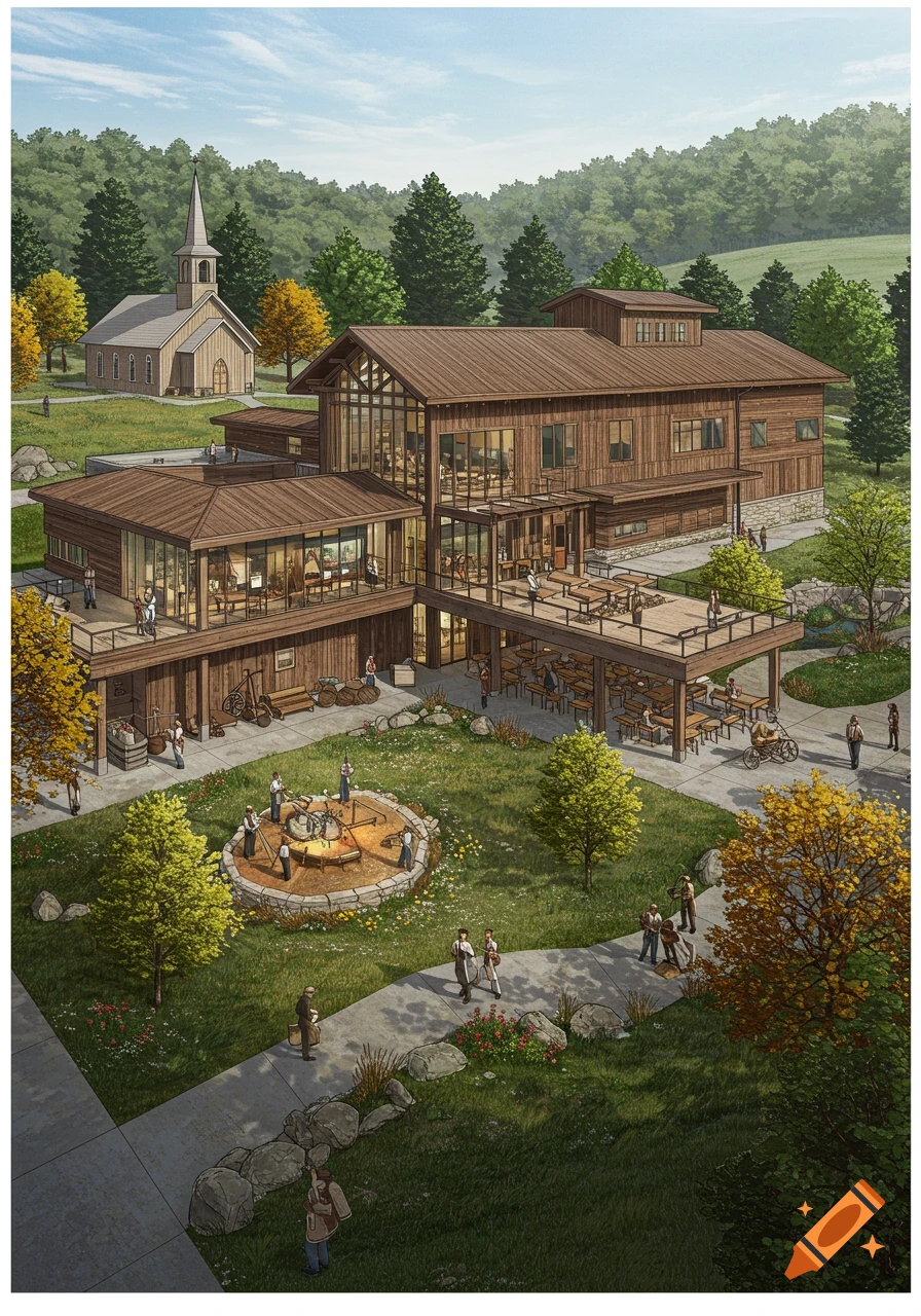 A detailed conceptual drawing of a multi-story, rustic-modern museum with barnwood elements and large windows, surrounded by a landscaped area with people, a fire pit, walking paths, and trees, with a small church in the background.