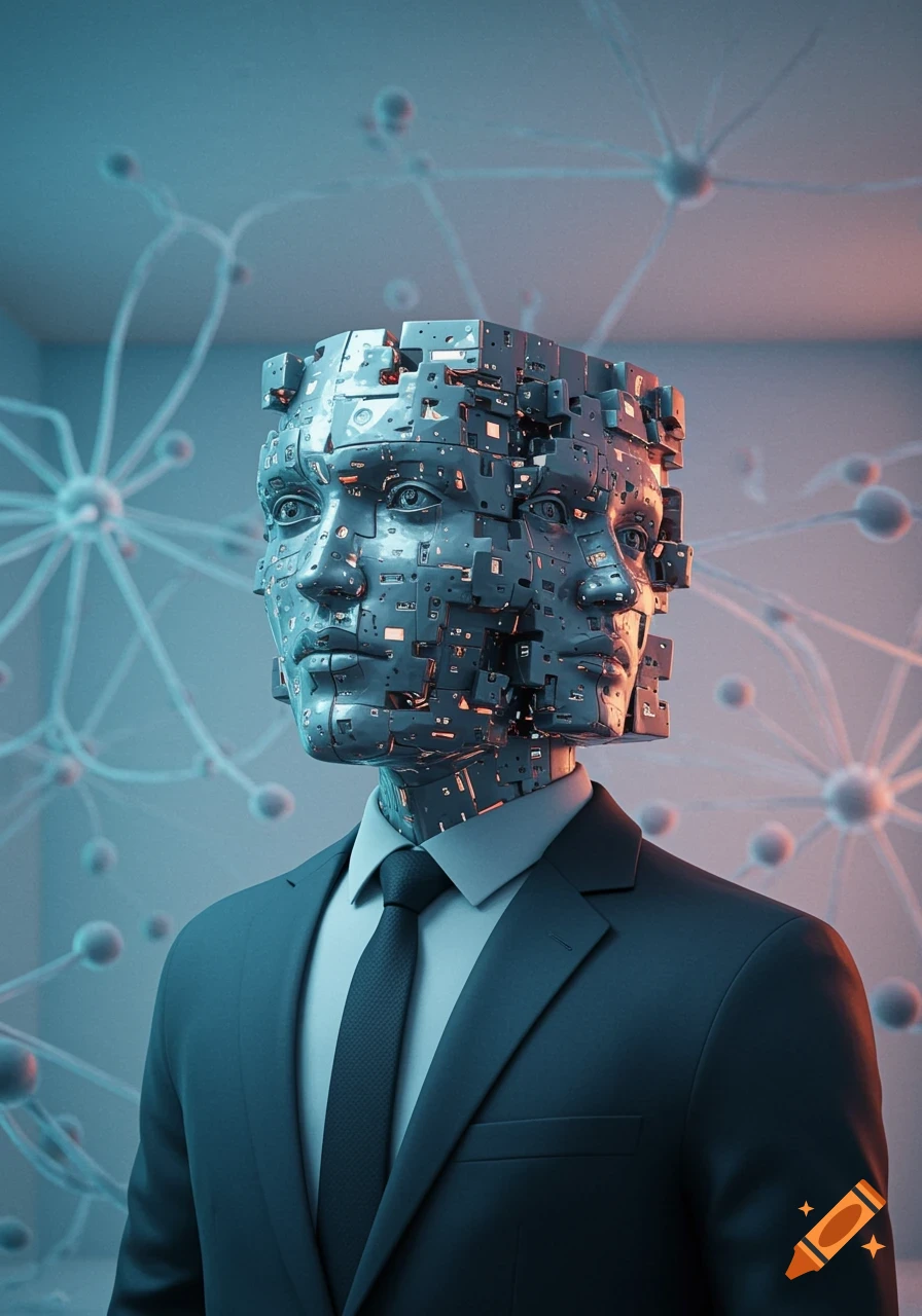 A man in a suit with a metallic, cube-shaped head made of circuit-like components, against a background of blurred neural structures.