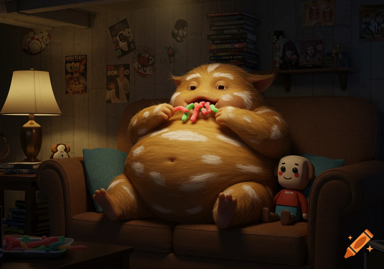 A fat, furry, golden-brown creature with white spots sits on a couch in a dim basement, eating colorful gummy worms. A toy doll sits next to it. Posters adorn the wall.