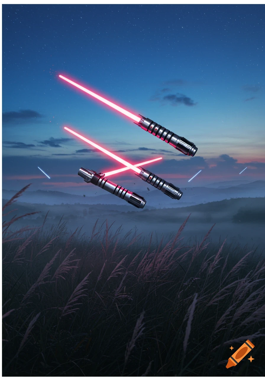Several red lightsabers float above a field of tall grass with misty hills and a starry evening sky.