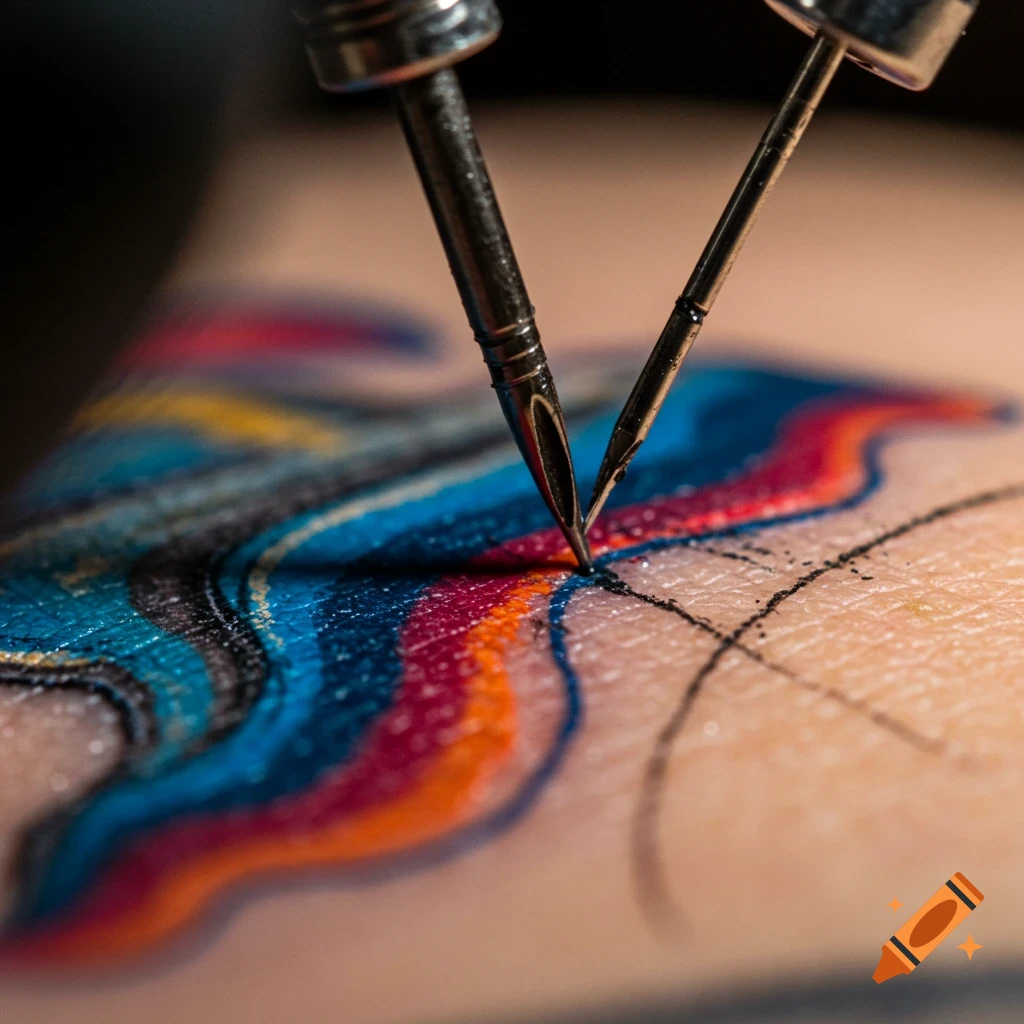 Close-up of a tattoo needle applying vibrant, colorful ink to skin, with the design starting to form.