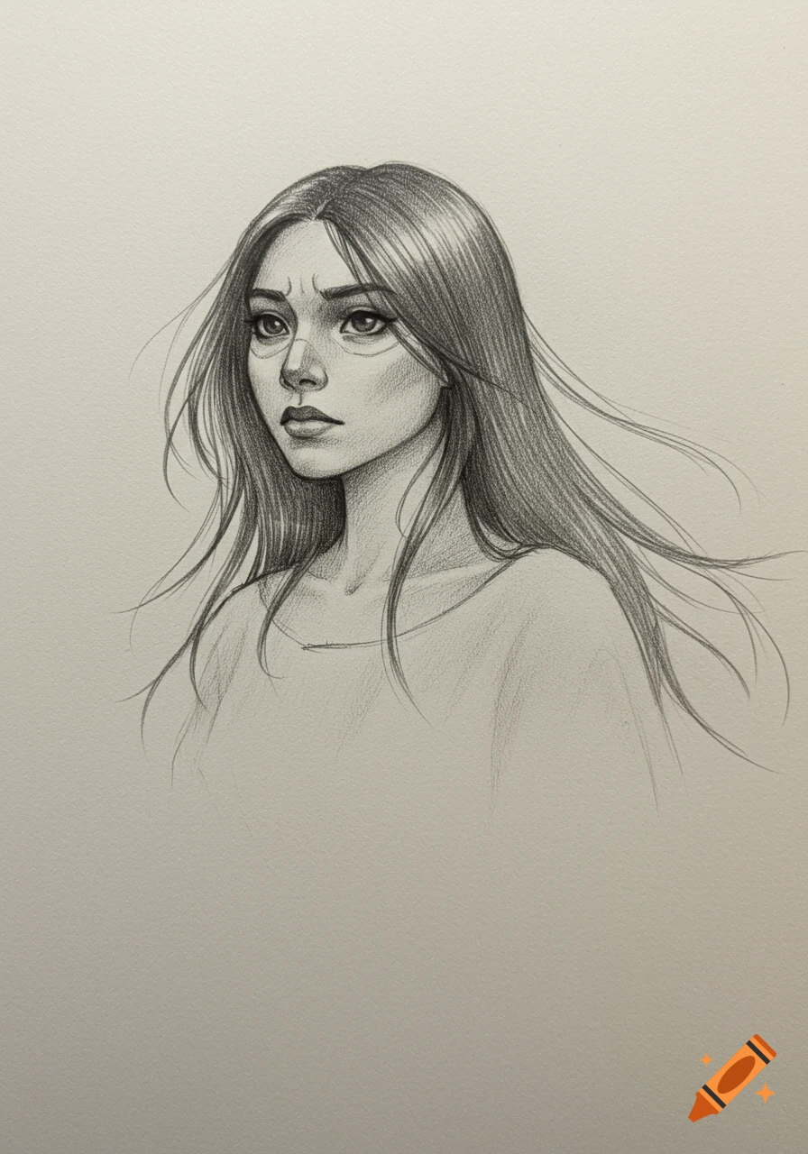 A black and white pencil sketch of a young woman with long hair, looking to the left with a concerned expression.