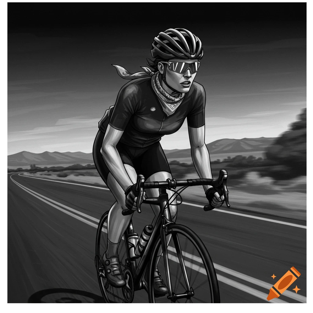 A black and white illustration of a woman cyclist in a helmet and sunglasses, riding a road bike down a highway with mountains in the background.