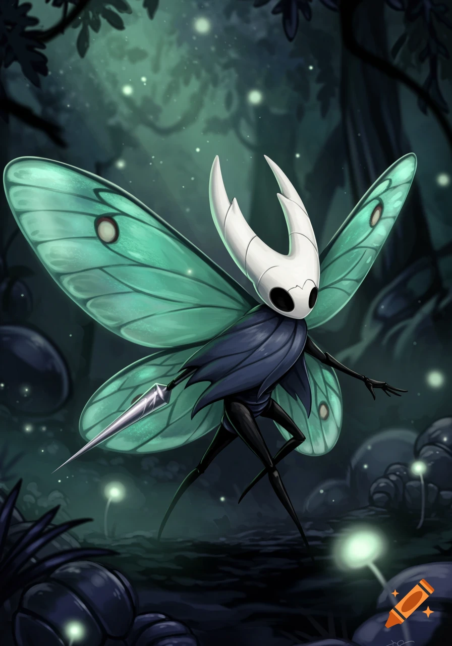 A white-masked, bug-like character with large teal wings holds a needle sword in a dark, glowing forest.