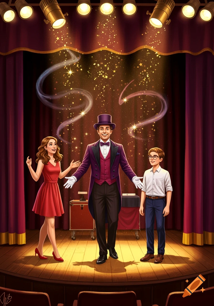A magician with two volunteers on a stage under spotlights, surrounded by golden sparkles.