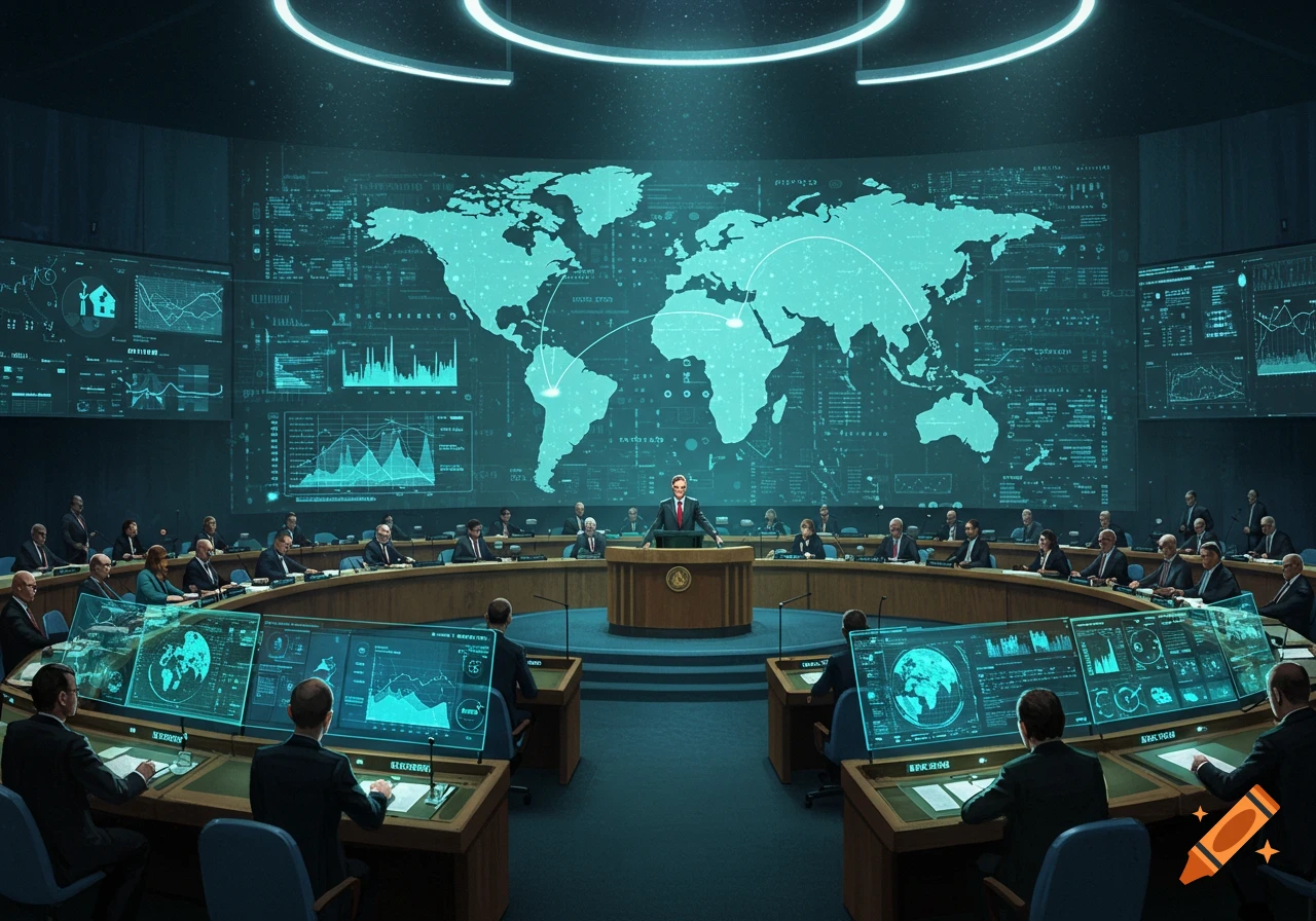 A large meeting room with a man speaking at a podium in front of a giant curved screen displaying a glowing world map and various data charts. Many people are seated at crescent-shaped desks with individual glowing monitors.