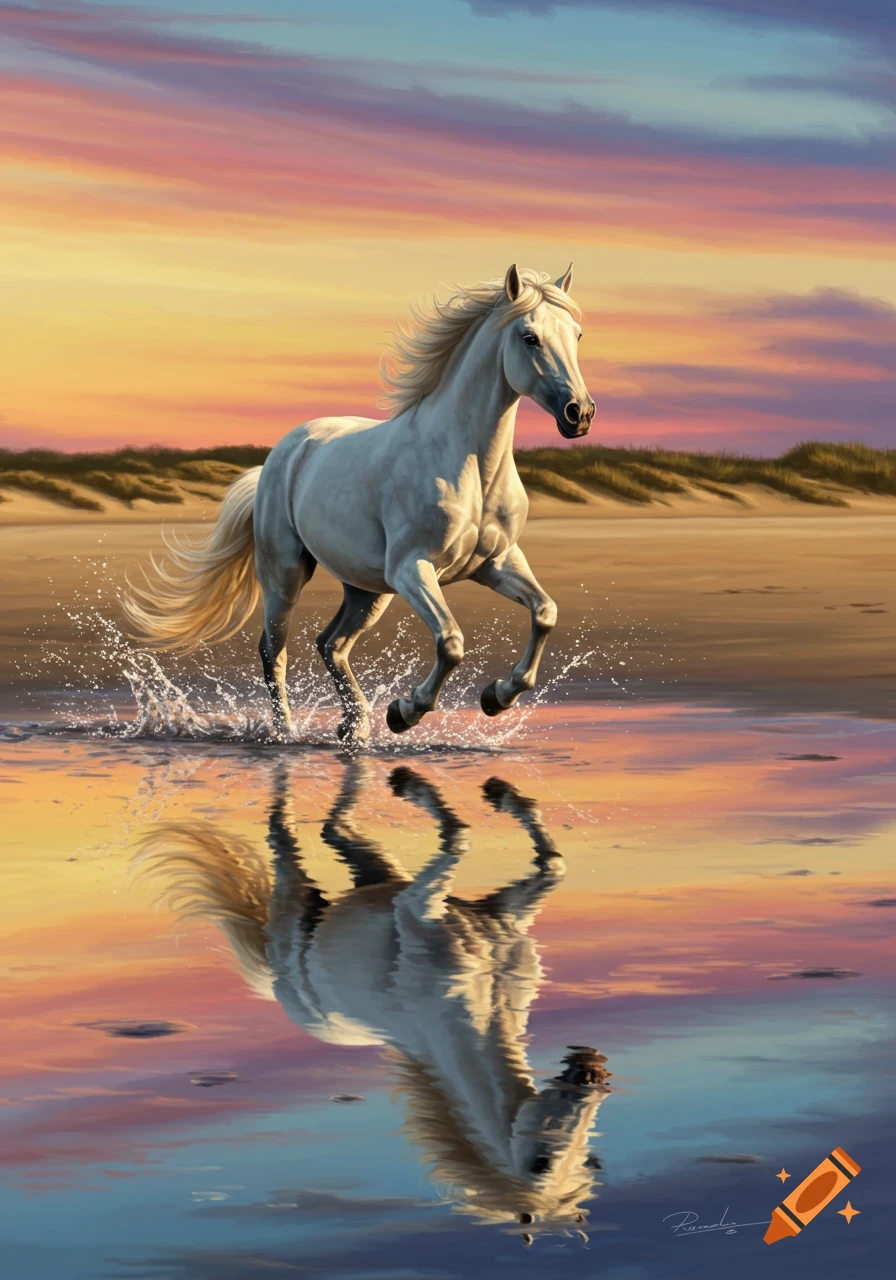 A majestic white horse runs through shallow water on a beach at sunset, with a vibrant sky reflected.