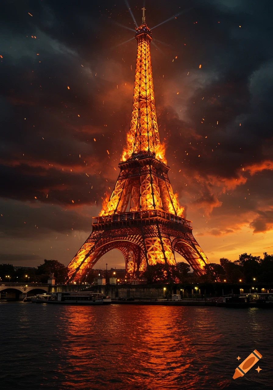 Photorealistic image of the Eiffel Tower engulfed in flames and sparks against a dark, cloudy sky, with its fiery reflection in the river below.