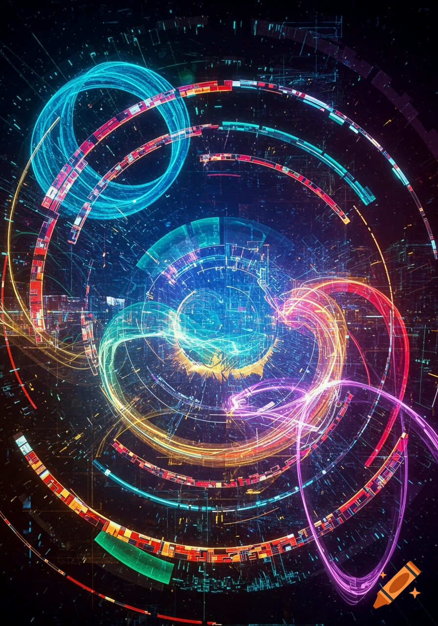 A vibrant abstract digital artwork with glowing, concentric rings and swirling lines in blue, pink, orange, and green on a dark background.