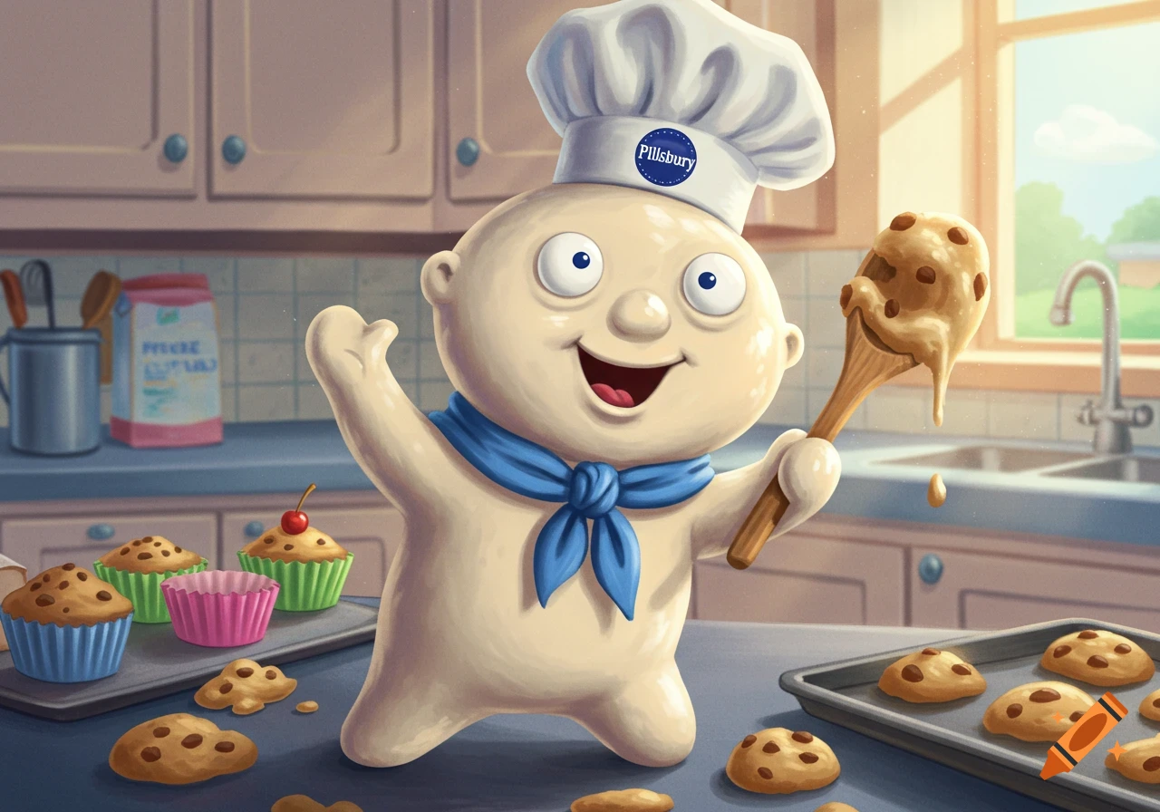 A cartoon chef character, resembling the Pillsbury Doughboy, holds a spoon with cookie dough in a kitchen with baked goods.