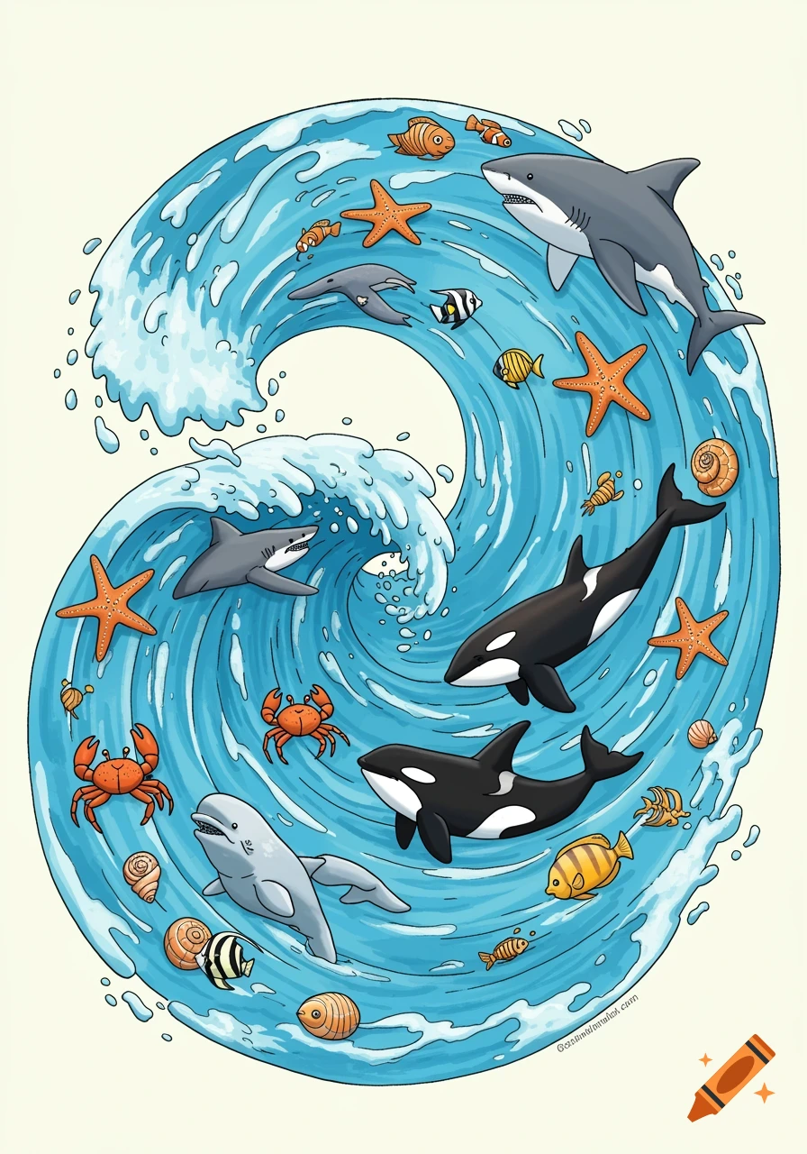 Cartoon-style illustration of a large wave forming a spiral, filled with various sea creatures like sharks, orcas, a beluga whale, crabs, starfish, and fish.